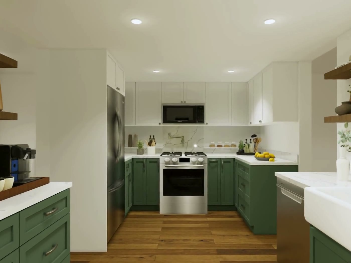 A PHS 3D rendering of a kitchen with olive-green cabinetry, produced before the build started