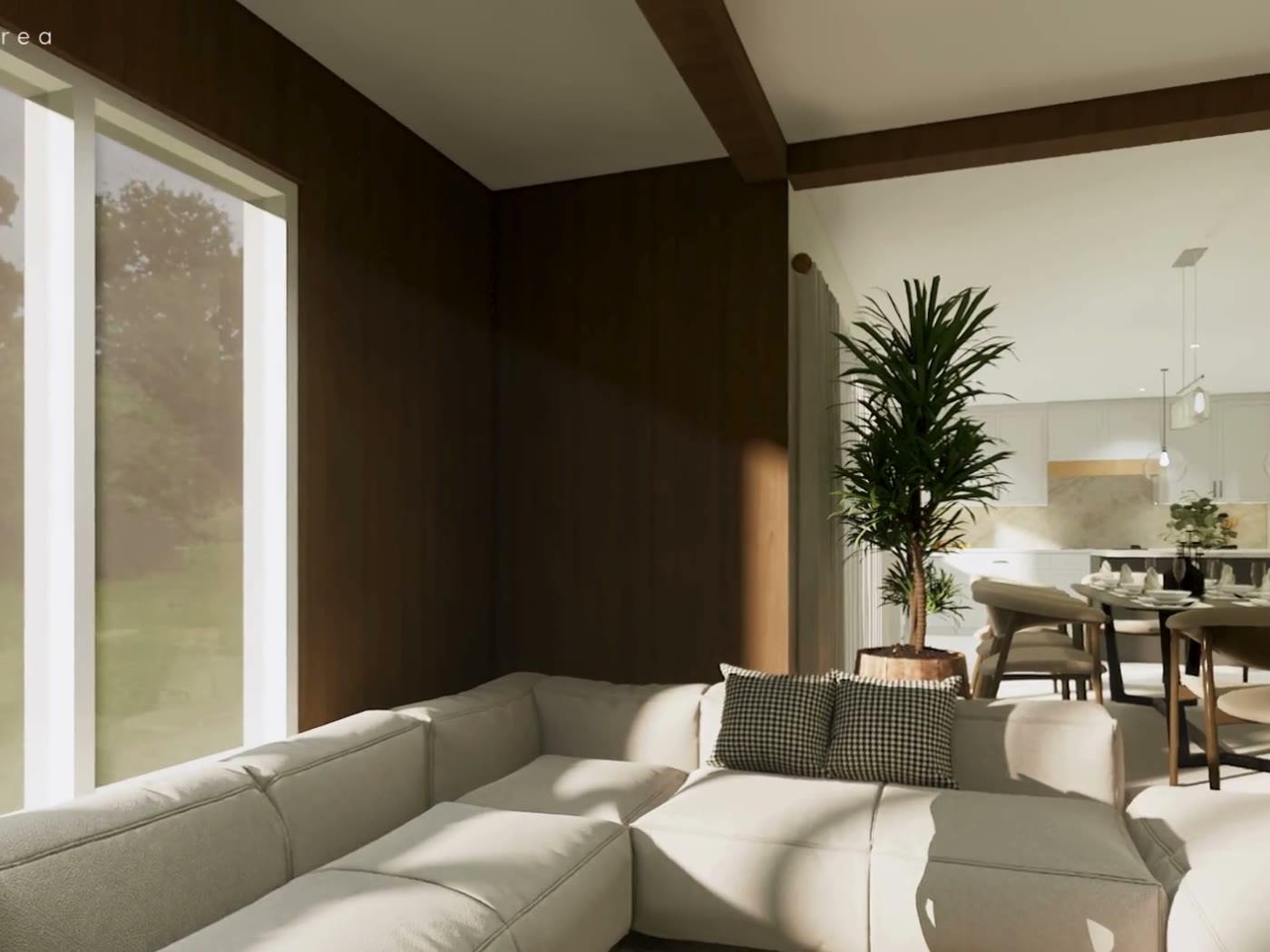 A PHS 3D rendering of a living room open to the dining area, produced before the build starts