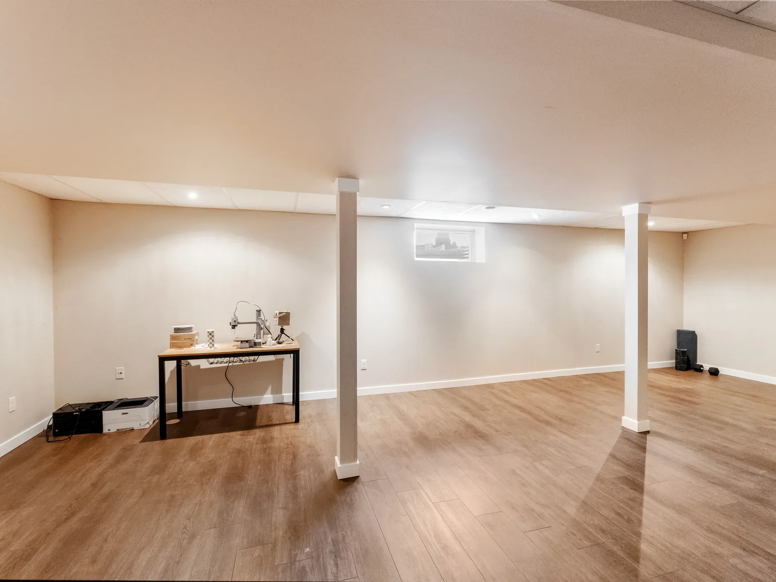 The same lower level from the far end, vinyl plank laid wall to wall