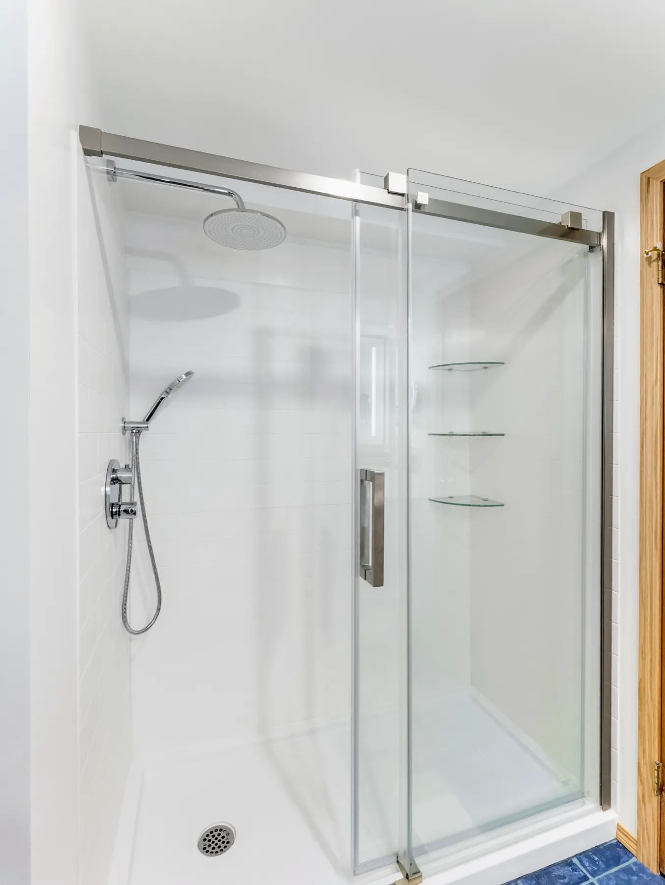 The glass enclosure from the vanity end of the room