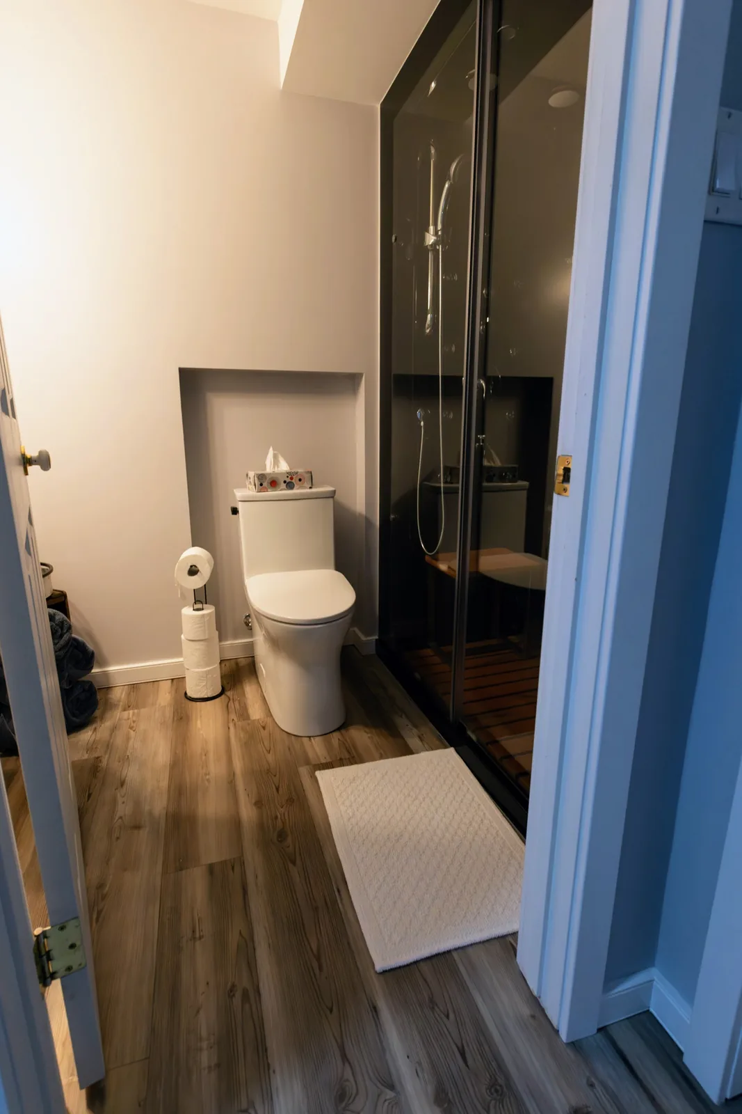 The bathroom from the doorway, plank floor running to the shower