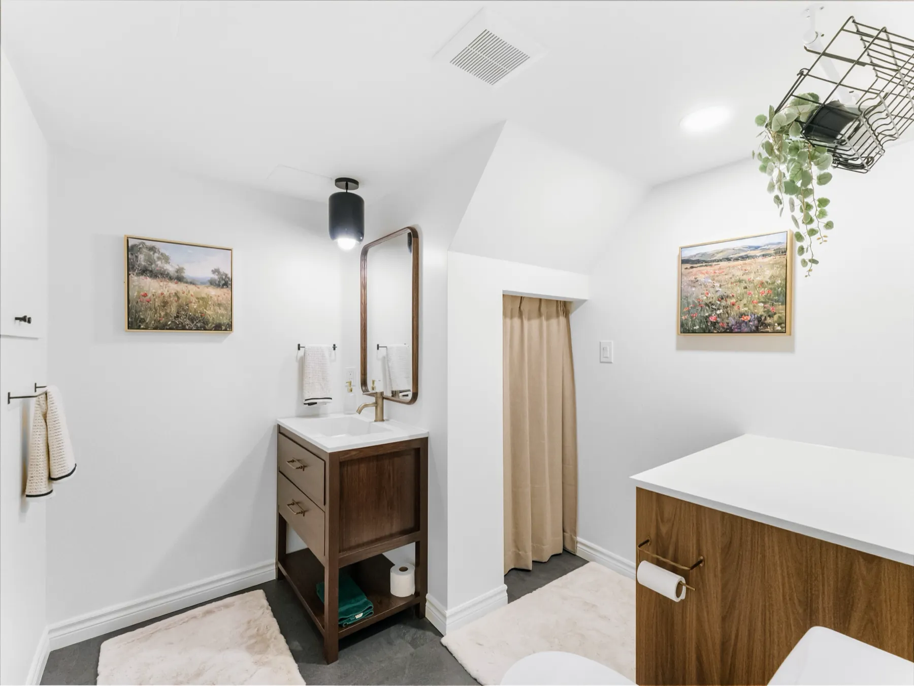 The room from the door, vanity on the left under the slope