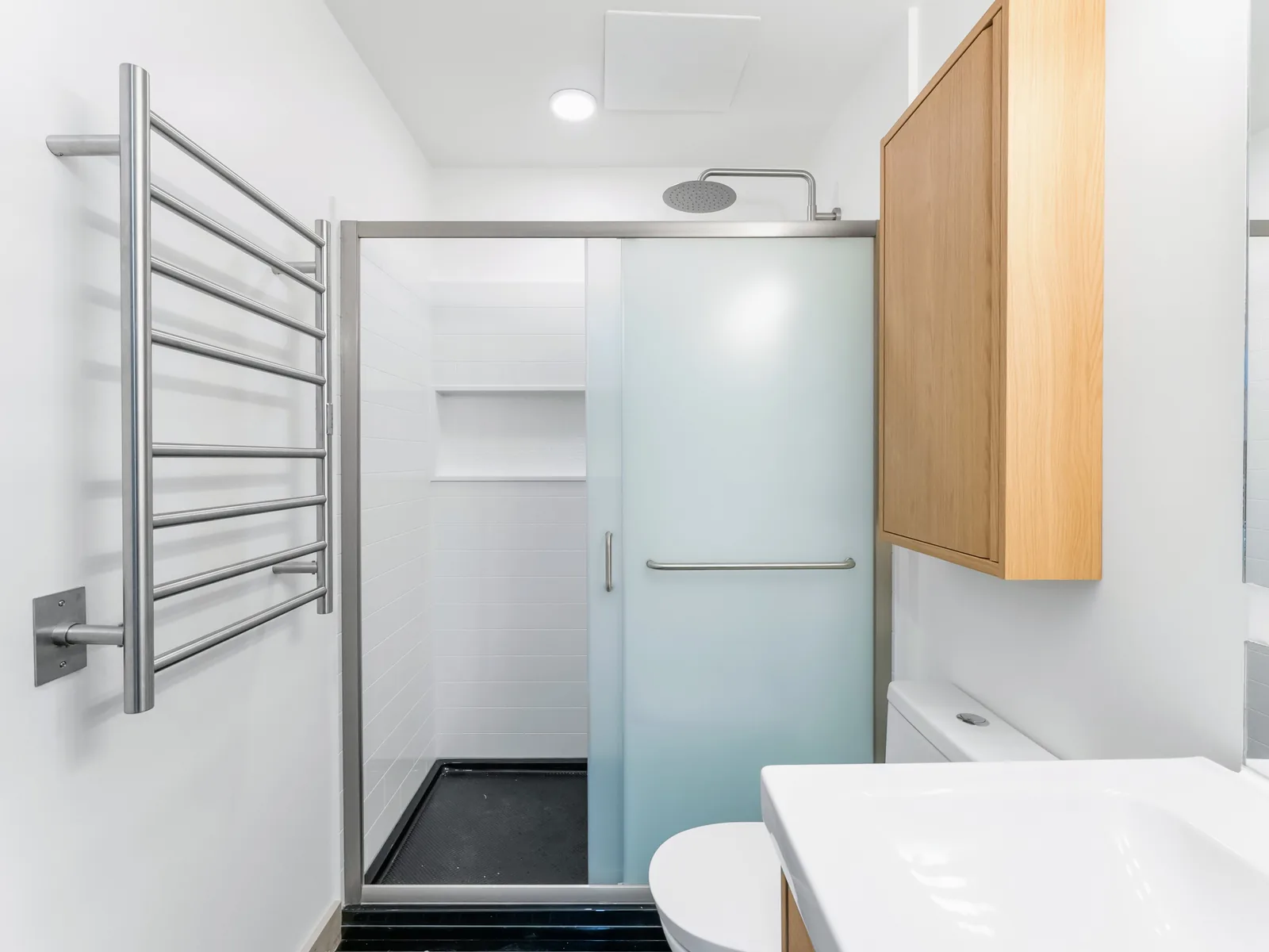 The shower from the doorway, chrome towel ladder on the wall alongside