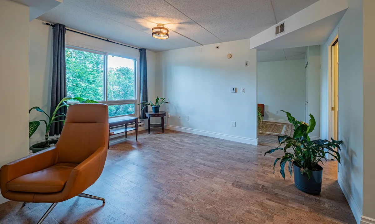 A reading chair by the window wall, plank flooring running through the living room