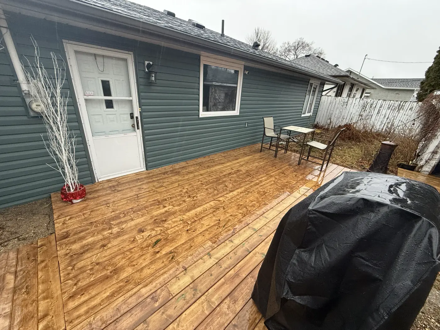 The back door and the deck boards running up to it