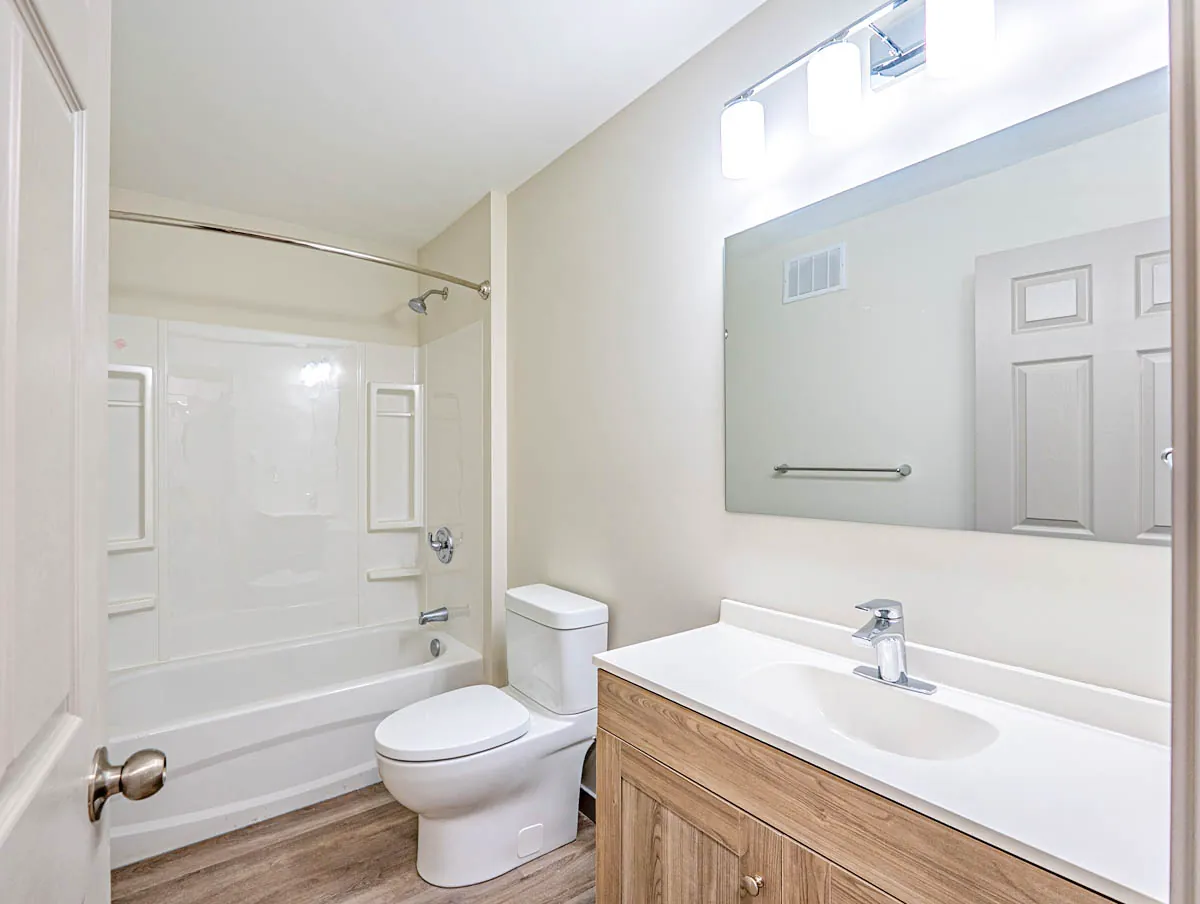 The second bathroom, tub and wood-front vanity under a wide mirror