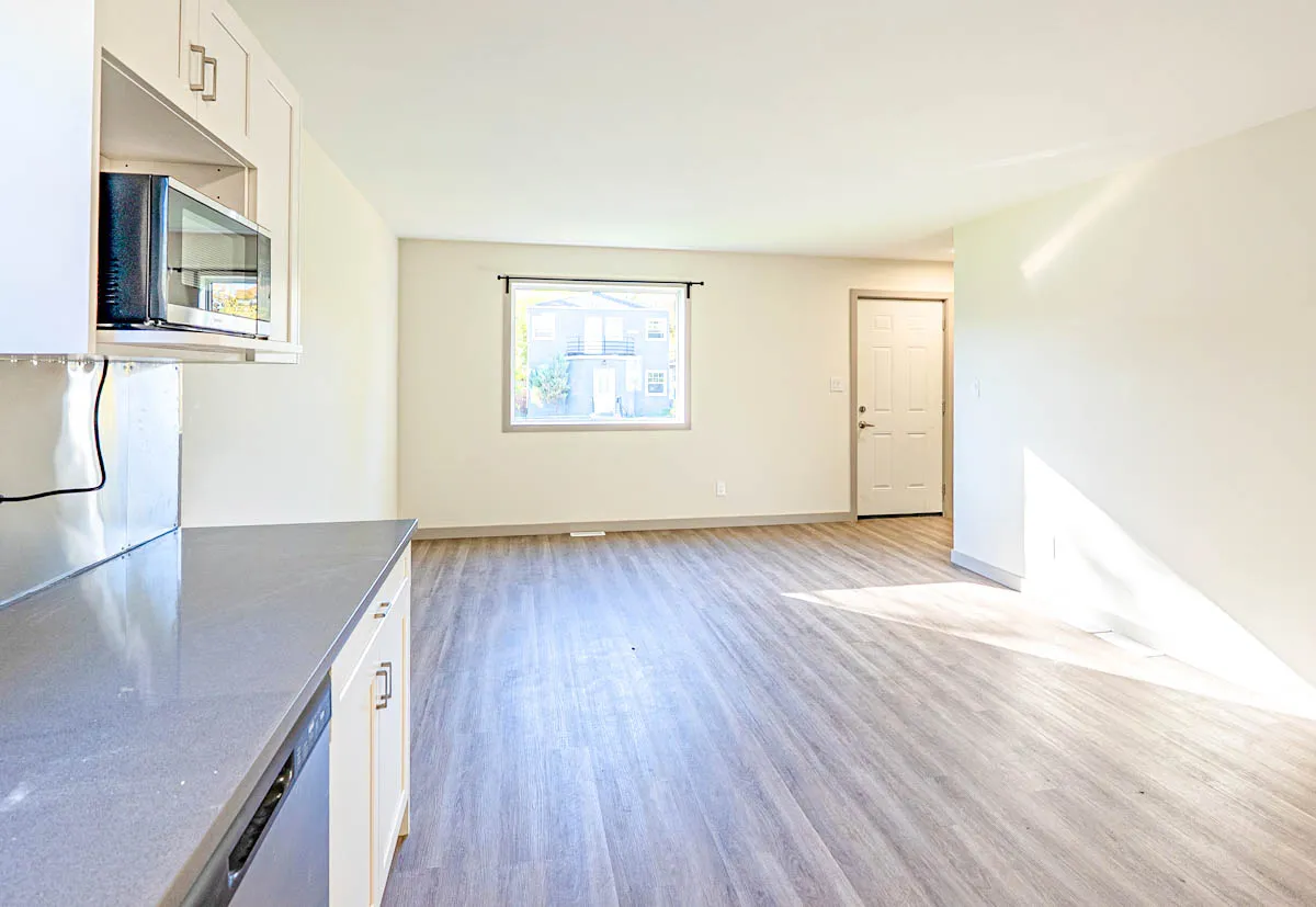 The living space past the kitchen counter, vinyl plank throughout