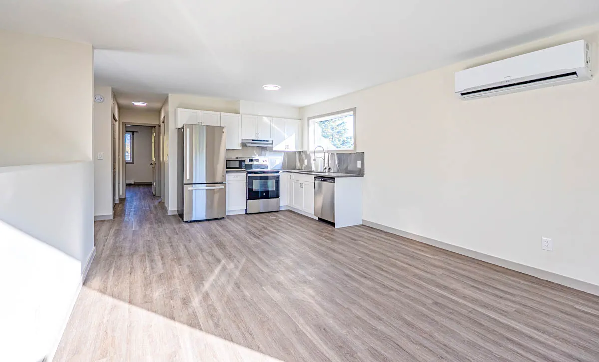 The second kitchen and its living area, a ductless heat pump on the wall
