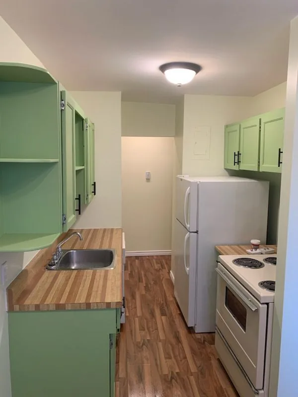 Galley kitchen with sage-green cabinetry over a butcher-block counter and black hardware