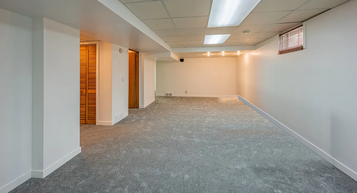 The long basement room, carpet run through to the far wall