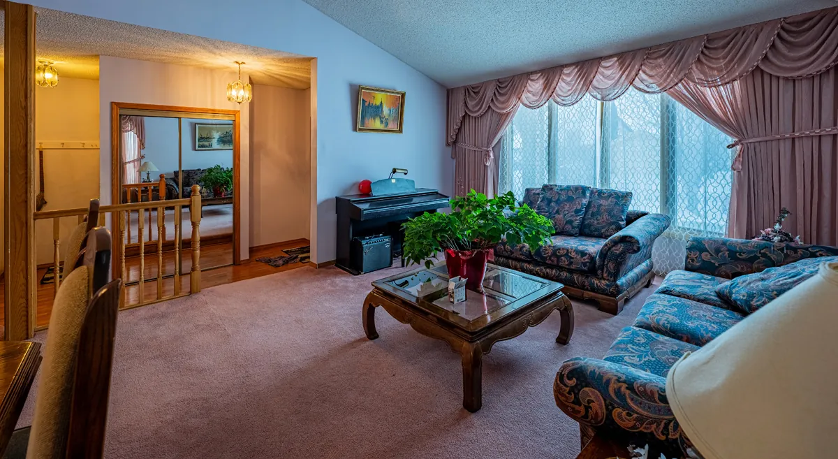Before: the living room toward the entry, carpet throughout