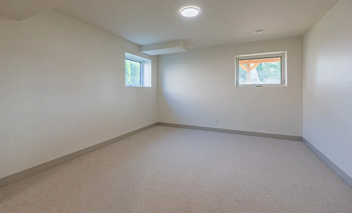A basement bedroom with two windows