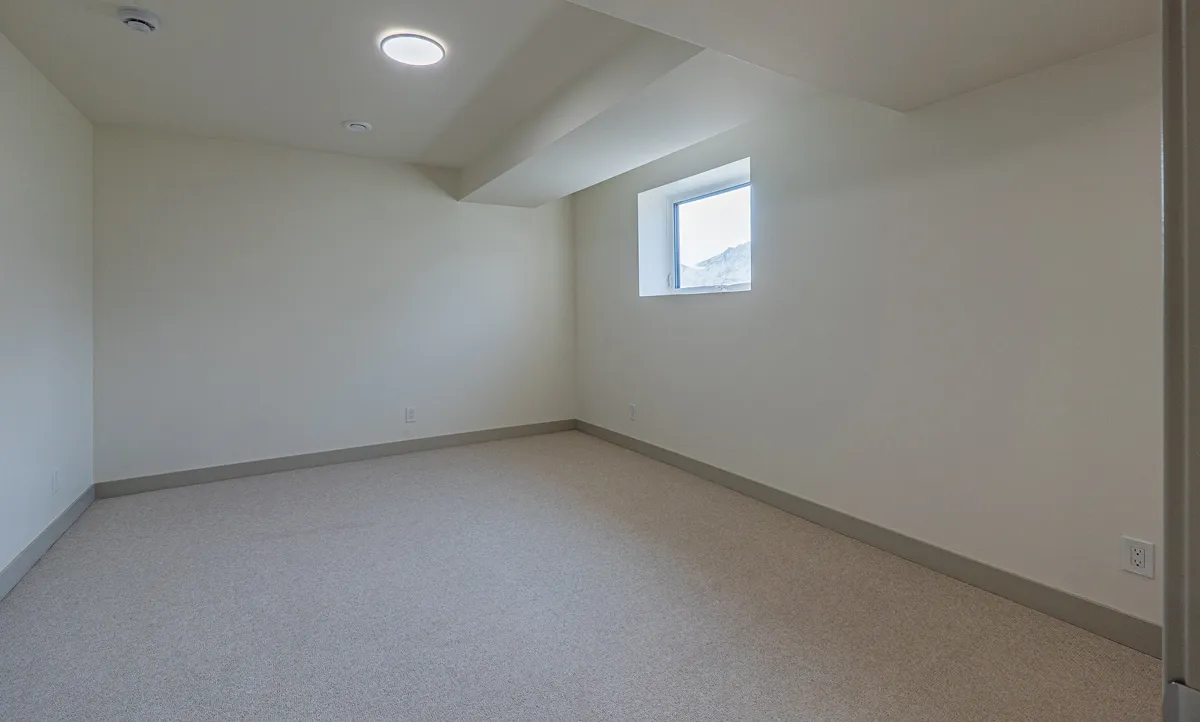 A second basement bedroom, carpeted, with a window high on the wall
