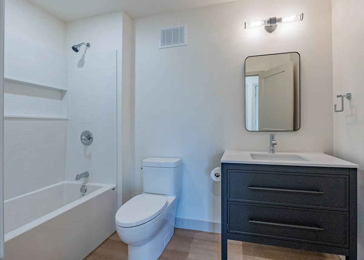 Bathroom with a single sink on a dark two-drawer vanity, beside a tub-shower