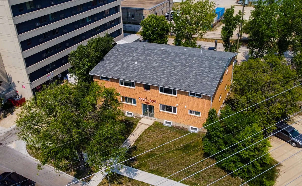 The building and its lot from the air after the renovation